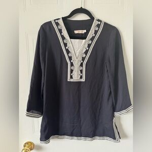 Tory Burch navy and white embroidered tunic size 4